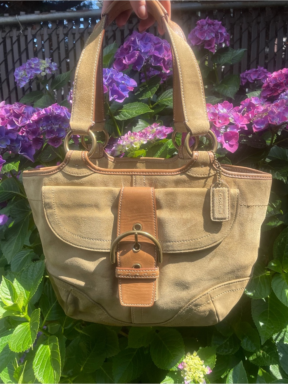 Coach suede tan Canvas & Leather SoHo Buckle Tote bag small